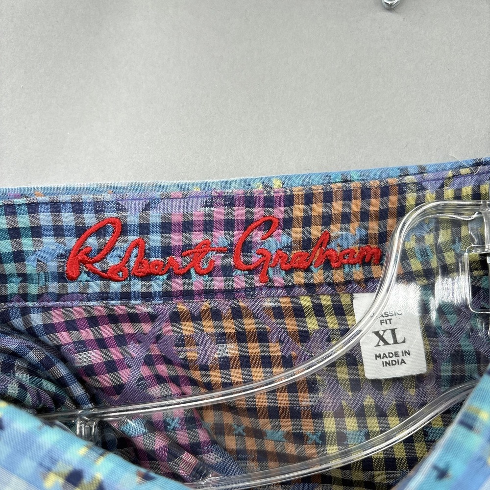 Robert Graham Shirt Mens XL Blue Purple Reversible Gingham Geometric‎ Jacquard - Picture 4 of 15